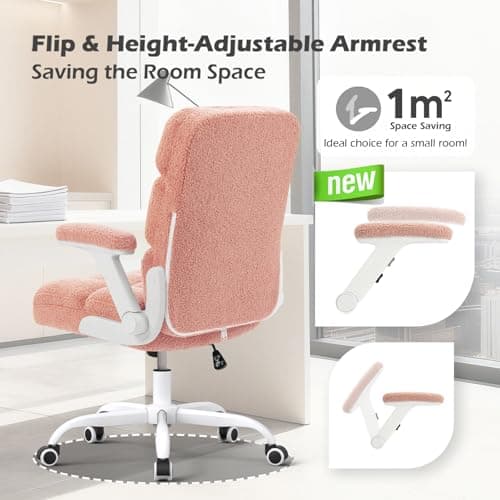 SEATZONE Pink Office Chair Ergonomic Computer Desk Chair with Wheels,Faux Fur Comfy Office Chair for Women and Girls,Teddy Fleece Material 6