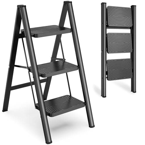 HBTower Step Ladder 3 Step Folding, Folding Step Stool for Adults, Closet Step Stool Lightweight Kitchen Ladder 3 Step Ladder with Anti-Slip Wide Pedals
