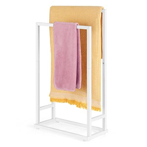 Freestanding Towel Racks for Bathroom 2 Tier Hand Towel Drying Rack Metal Blanket Towel Holder Stand for Bedroom Indoor Outdoor Pool Small Blanket Rack (Matte White)