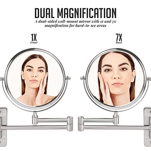 OVENTE 7" Wall Mounted Makeup Mirror with 1X/7X Magnification, Double Sided Magnifying Round Bathroom Vanity Mirror, 360° Swivel Design, Extendable and Folding Arm, Antique Bronze MNLFW70ABZ1X7X 2