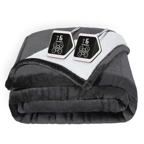 Westinghouse Heated Blanket Queen Size, Soft Flannel to Sherpa Electric Blanket with 10 Heating Levels, 12 Hours Auto Off, Fast Heating Blanket, Machine Washable, 84x90 Inch, Charcoal