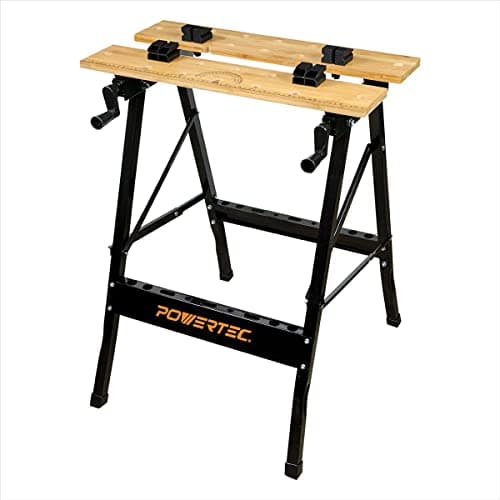 POWERTEC Portable Small Workbench with Vise, Imprinted Ruler and Protractor Scale, Folding Sawhorse/Worktable and 4 Bench Dogs for Woodworking Projects (MT4006V)
