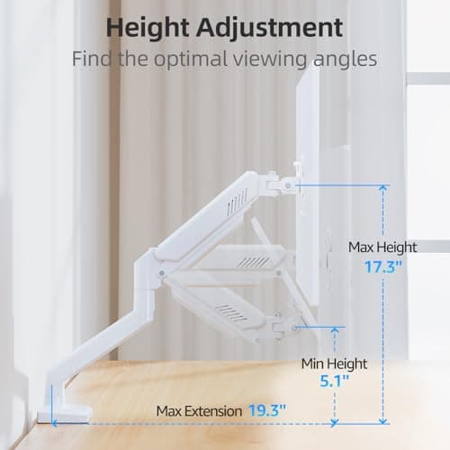 Monitor Arm for 13-32 inch Screens, Monitor Desk Mount, Adjustable Height, VESA Mount with Clamp & Grommet Bases, Freelift White 8