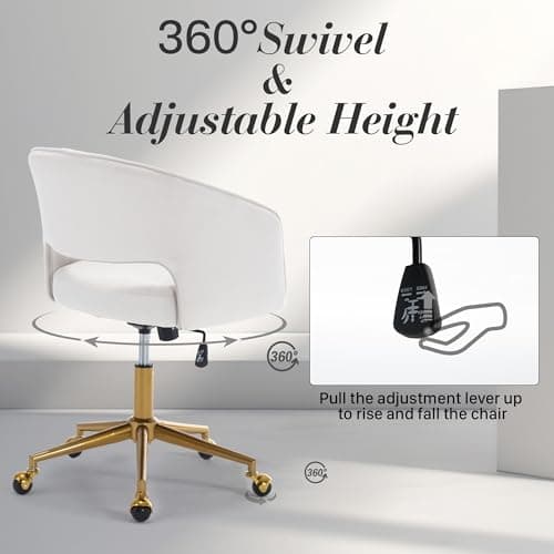 HENGJIANYI Home Office Swivel Desk Chair, Modern Velvet Vanity Chair, Height Adjustable Armchair with Gold Base, Ergonomic Office Chair for Task Study Computer Room, Beige 7