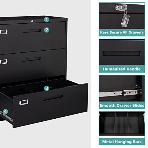 MIIIKO Lateral File Cabinet with Lock, 3 Drawer Lateral Filing Cabinet, Large Deep Drawers Locked by Keys, Metal Storage File Cabinet for Hanging Files Letter/Legal/F4/A4 Size 5