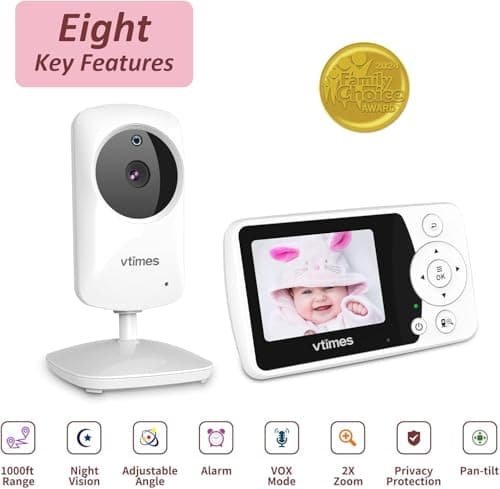 VTimes Baby Monitor No WiFi 2.4" Screen, Video Baby Camera Monitor Night Vision, 1000ft Range, 2X Zoom, Ideal for Elderly Pet (NO Charging Plug) 2