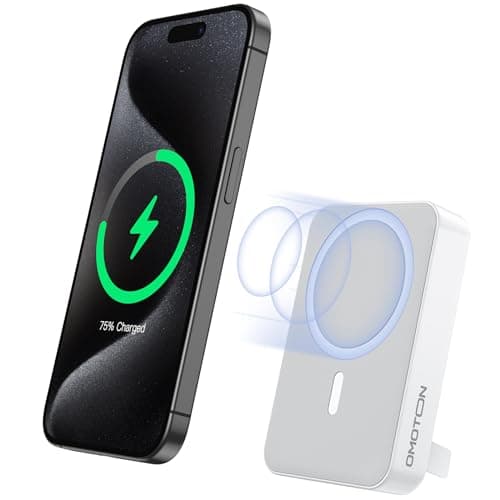 OMOTON Portable Wireless Charger Power Bank - 10000mAh Magnetic Fast Charging Battery Pack for iPhone 15 (Above 11 Series), LED Display Indicators and Foldable Stand- Gray White