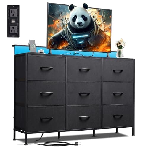 WLIVE Black Dresser TV Stand for 45, 50, 55 inch TV, Entertainment Center with LED Lights & Charging Station, Chest of drawers with 9 Fabric Drawers and Open Shelves for Living Room, Hallway, Wood Top