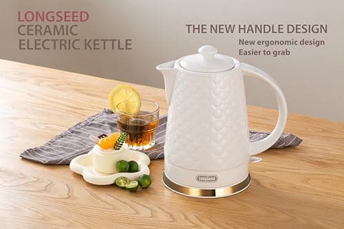 LONGSEED Ceramic Electric Kettle, 1.5L/1200W Boil Water Quickly and Easily with Boil-Dry Protection Auto Shut Off, Detachable Swivel Base, White Relief Carving 7