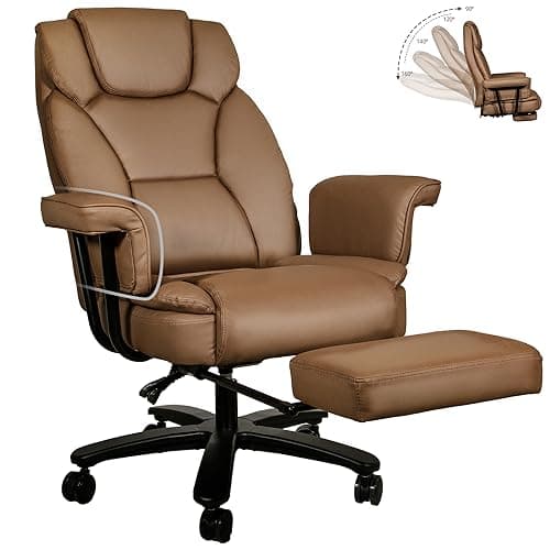 Sucrever Reclining Office Chair with Footrest, Big and Tall High Back Home Office Desk Chairs 400lbs with Criss Cross Wide Seat, Heavy Duty Base, Pu Leather, Brown
