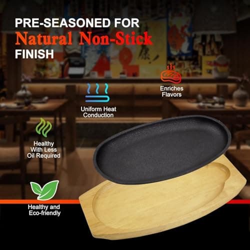 DVK 4 Set Cast Iron Skillet Sizzling Plate With Wooden Base Fajita Skillet With Removable Handle For Home Barbeque Kitchen Service 6