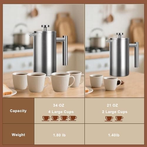 French Press 34 oz, Full Stainless Steel French Press Coffee Maker 4 Cups, Upgrated Double-Walled Insulated French Coffee Presses, Food Grade Good for Kitchen Camping, Dishwasher Safe 2 More Filters 6