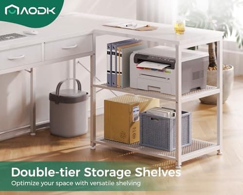 AODK 53 Inch L Shaped Computer Desk with Drawers, Corner Desk with Power Outlets & Reversible Storage Shelves, for Home Office Gaming, White 5