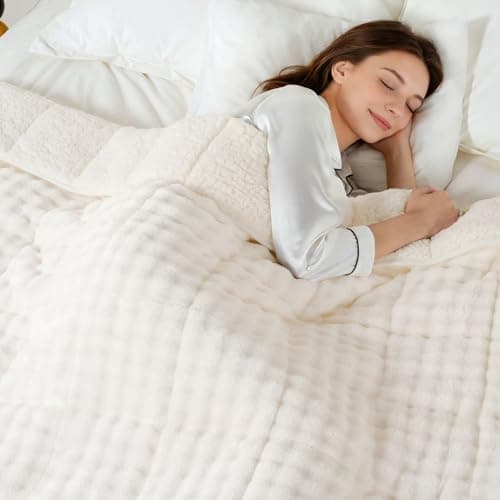 Cottonblue Weighted Blanket 15lbs for Adults, Fluffy Bubble Sherpa Fleece Weighted Blankets for Queen Size Bed, Cute Fuzzy Warm Heavy Blanket for Calming & Sleeping, 60"x80", Cream White 9
