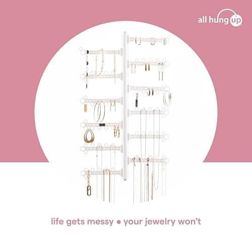 AllHungUp 12-Tier Wall Jewelry Organizer Wall Mounted Jewelry Organizer Necklace Holder Wall Mount Hanging Necklace Organizer Jewelry Hanger Wall Mounted Earring Holder Display Earring Organizer White 9