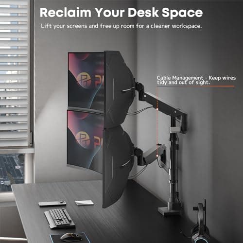 Dual Monitor-Arm Heavy-Duty for 17-57-Inch Screens - 23.8'' Tall Vertical Dual Monitor Mount, Fully Adjustable Stacked Double Monitor Desk Mount Stand, Max Load 44 lbs/Screen, VESA 75/100 mm, Black 6