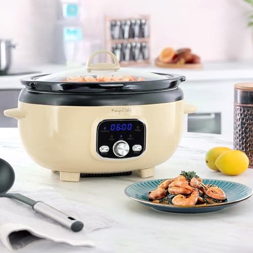 MegaChef 3.7 Quart Oval Electric Digital Slow Cooker with Black Stoneware Crock, Adjustable Timer & Temperature Control, Delay, High, Low & Warm Settings - Versatile Cooking Appliance (Cream) 6