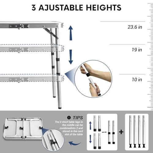 Byliable Small Folding Table 2FT Lightweight Portable Aluminum Camping Table for Picnic and Camping Mini Foldable with Adjustable Extended Height,Silver 5