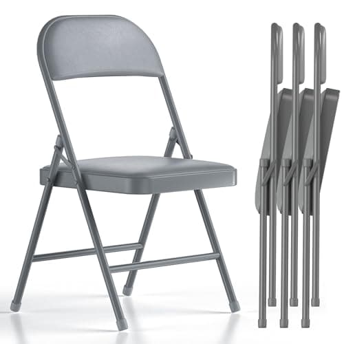 Nazhura 4 Pack Folding Chairs with Padded Vinyl Cushion Chairs with Comfortable Cushion and Durable Steel Frame for Home and Office, for Indoor and Outdoor Events (Grey Vinyl Padding 4 Pack)