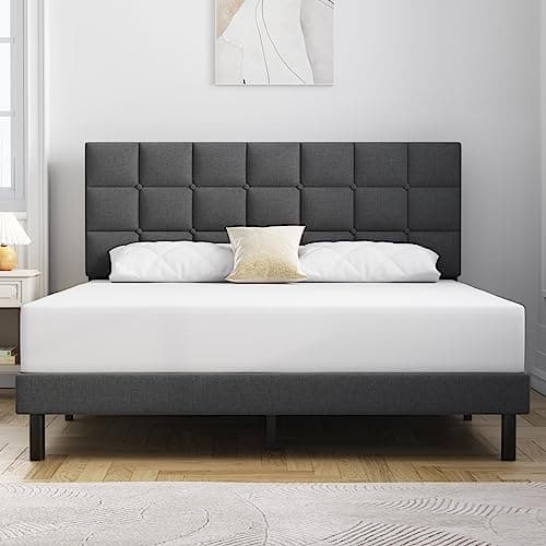 Molblly Queen Bed Frame Upholstered Platform with Headboard and Strong Wooden Slats,Non-Slip and Noiseless,No Box Spring Needed, Easy Assembly,Dark Gray