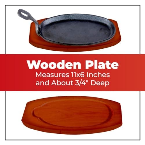 Cast Iron Steak or Fajita Plate 8 x 4 1/2 inside dimension w/ Wooden Holder and Handle 5