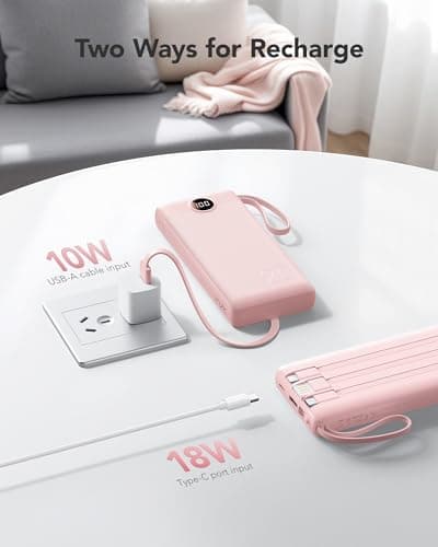 VRURC Portable Charger, 20000mAh Power Bank Fast Charging, Built-in Micro & USB C Three Cables, 4 Output 2 Input LED Display Charging Bank for iPhone, Samsung, Android etc-Pink (1 Pack) 5