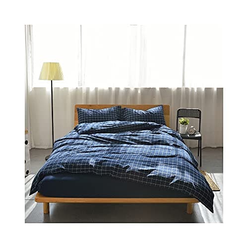 F.Y.Dreams 100% Washed Cotton Duvet Cover for Weighted Blanket 60x80 inches with 16 Ties, Zipper on Long Side/Navy Grid/Just Duvet Cover 6