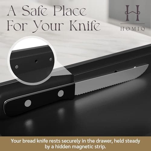 HOMIQ Bread Box for Kitchen Countertop - Bamboo Wood Breadbox with Knife Storage, Ventilation Holes - Farmhouse Loaf Organizer, Versatile 2 Layer Bread Storage Container for Snacks Mugs Spices 8