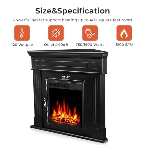 R.W.FLAME 43” Corner Electric Fireplace Mantel Wooden Surround Firebox, TV Stand with Freestanding Electric Fireplace, Remote Control, Adjustable Led Flame, 750W/1500W Black 6