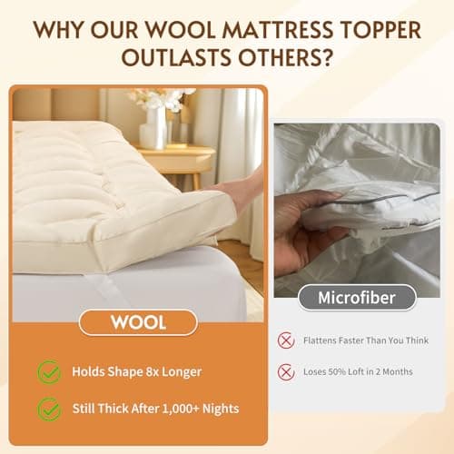 Luxury 100% Organic Wool Mattress Topper Made from Australian Merino,1500GSM Breathable Pillow Top Mattress Pad Queen Size with 100% Organic Cotton Cover - 60"x80" 9