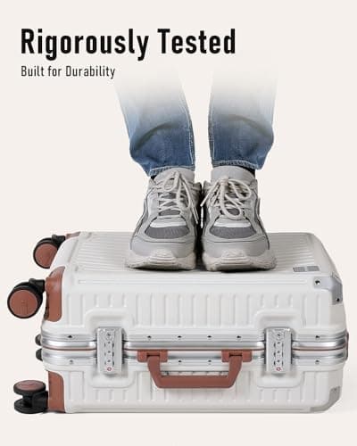 FIGESTIN Carry on Luggage Airline Approved, Aluminum Frame Hard Shell Suitcases with Wheels,100% PC Lightweight, No Zipper Suitcase TSA Approved, 20" Carry-On (Beige) 5