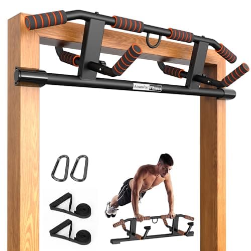 AmazeFan Pull Up Bar Doorway with Ergonomic Grip - Fitness Chin-Up Frame for Home Gym Exercise - Multi-Angle Grip - 2024 Upgrade Smart Hook (Fits Almost All Doors) (Black/Orange)