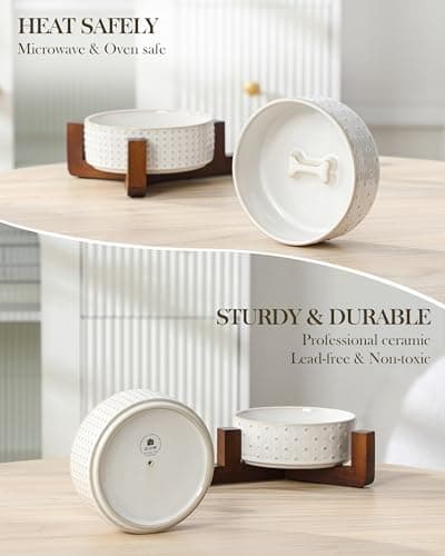 MALACASA Dog Bowl Set with Walnut Wood Stand, 1.5 Cups Ceramic Pet Bowls for Puppy Dogs, Dual Food and Water Bowls with Weighted Non-Slip Base, Basic Bowls for Your Dog or Cat, Rhombic & Polka Dots 7