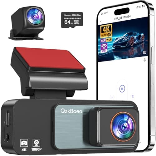 Dashcam Front and Rear Camera, 4K+1080p Dash Camera for Cars, Dash Cam Front and Rear with 3.2" IPS Screen, 64GB Card Included, HDR Night Vision, G-Sensor, Collision Emergency Lock, Parking Monitor