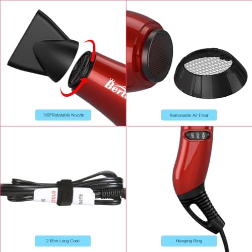 1875W Professional Salon Hair Dryer for Fast Drying,Negative Ionic Blow Dryer 2 Speeds and 3 Temperature Settings with Concentrator Attachment, Cool Shot Button,Black 6