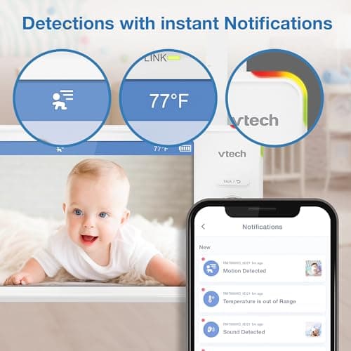 VTech Smart WiFi 7” HD Display Video Baby Monitor, 1080p HD Camera via App, Pan-Tilt-Zoom, Night Light, 2-Way Talk, 2K CMOS Video Sensor, Wide-Angle Viewing, Rechargeable Battery, Free App: RM7866HD 12