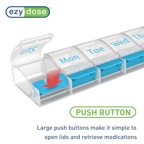 EZY DOSE Weekly (7-Day) AM/PM Daily Pill Organizer, Vitamin Case, and Medicine Container, X-Large Compartments, Arthritis Friendly, Convenient with Effortless Portability, Clear/Blue Lids, BPA Free 5