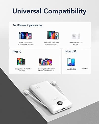 VEGER Portable Charger with Built-in AC Plug and Cables, All in One 10000mAh Ultra Slim Power Bank Travel Essentials, Fast Charging Battery Pack Compatible with iPhone, Samsung, Android (White) 6