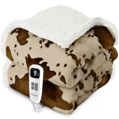blunique Heated Blanket Throw Blanket - Fast Heating Electric Blanket, Soft Flannel Heated Throw with 4 Time Settings,10 Heating Settings, Warm Gifts for Women & Mom&Grandma(50"x60"Cow Print Apricot)