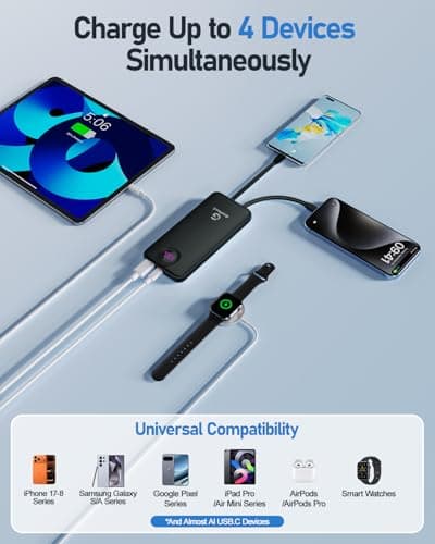 GrnOas.E Power Bank,10000mAh 22.5W Max Portable Charger Built in Cables，4 Outputs 2 Inputs External Phone Powerbank,5V/3A Fast Charging Travel Charger for iPhone Android iPad,(Pearl Black) 5