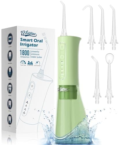 WELLFINE Water Dental Flosser Teeth Pick - 4 Modes Cordless Oral Irrigator 300ML Portable Rechargeable IPX7 Waterproof Powerful Battery Life Water Dental Piks for Cleaning for Home Travel (Green)