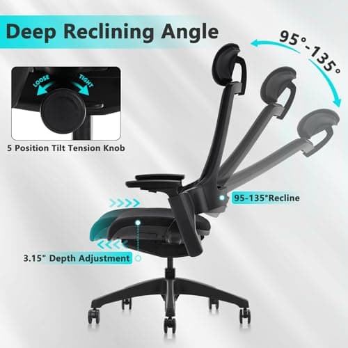 CLATINA Ergonomic High Swivel Executive Chair with Adjustable Height Head 3D Arm Rest Lumbar Support and Upholstered Back for Home Office Black 7