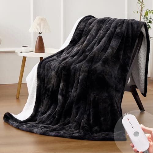 HYLEORY Electric Heated Throw Blanket - Soft Thick Faux Fur Heating Blanket with 5 Heat Levels & Auto-Off 3 Hrs, Fluffy Flannel Warm Christmas Blankets for Winter Bed,ETL Certification, Black
