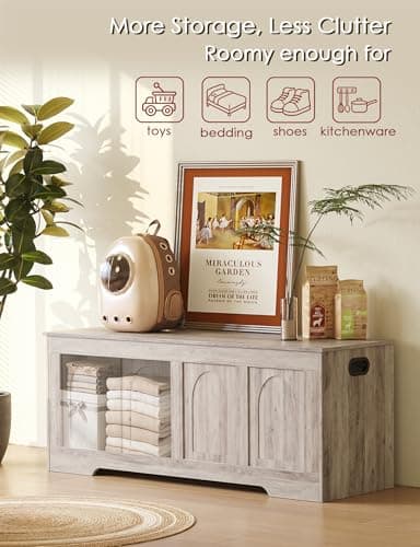 DINZI LVJ Storage Chest, 47.2" Rattan-Like Toy Box with 2 Safety Hinges, Wooden Entryway Storage Bench with Flip-Top, Large Trunk for Living Room, Bedroom, Easy Assembly, Greige 7