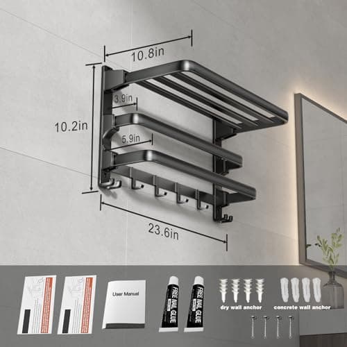 VOLDRA 24-Inch Towel Rack,Bathroom Towel Shelf with 2 Towel Bar Foldable Towel Holder with 7 Hooks Towel Storage Organizer for Bathroom & Lavatory Wall Mounted (Matte Black) 6