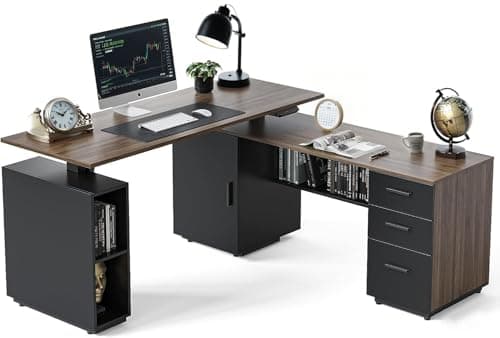 FEZIBO L Shaped Standing Desk, 63 inch Executive Standing Desk, Adjustable Height Desk with Storage Drawers for Home Office, Deep Wood Grainy