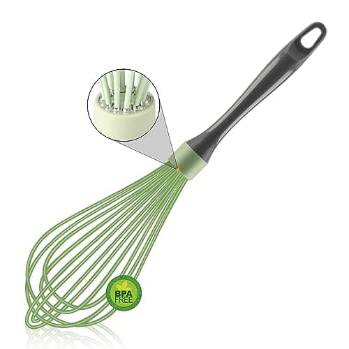 OYV Green Silicone Whisk, Professional Plastic Whisks for Cooking Non-Scratch, Stainless Steel & Heat Resistant Rubber Wisk, Dishwasher Safe, 12-Inch