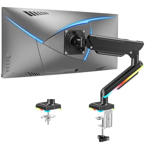 MOUNTUP RGB Single Monitor Arm Fits 32 27 24 22 inch, Holds 4.4-22lbs Screens, Monitor Stand for Desk with RGB Lights, 19 Modes, Computer Monitors Desk Mount, VESA Mount with Clamp & Grommet Bases