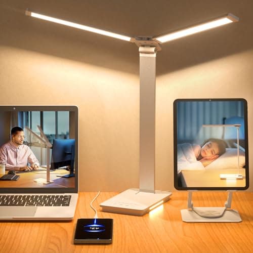 LED Desk Lamp, Adjustable Foldable Table Lamp for Home Office with USB Charging Port, 5 Color Modes, 3 Night Lights, Dual Swing Arm Touch Control Desk Light for Reading / Work / Study / Craft (Sliver)