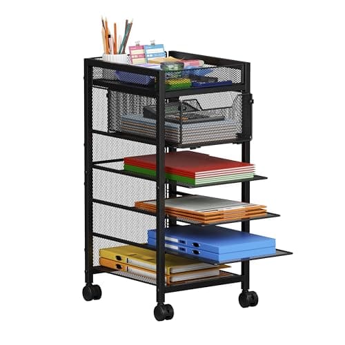keomaisyto Under Desk Storage Slim File Cabinet, 6-Tier Rolling File Cart with Paper Letter Tray & Drawer, Standing Paper Organizer with Wheels, Narrow Desk Organization for Home Office Workspace